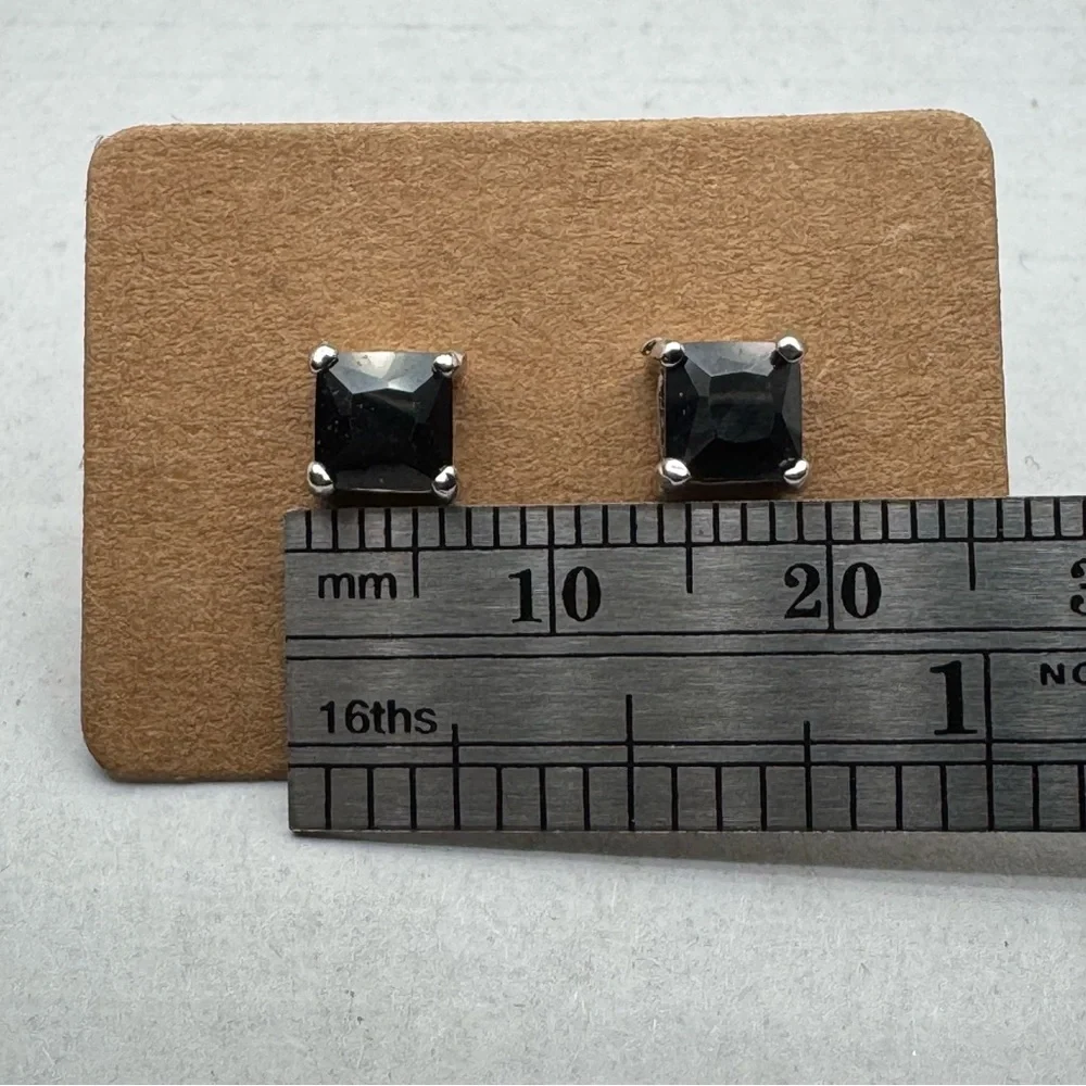 Black Square Faceted Stud Earrings Silver Tone